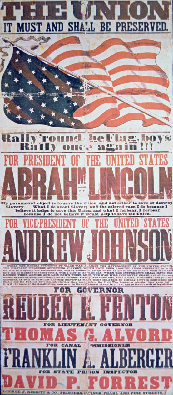 Valgkampanjeplakat for Abraham Lincoln (1809-65) for president og Andrew Johnson (1808-75) for visepresident av American School