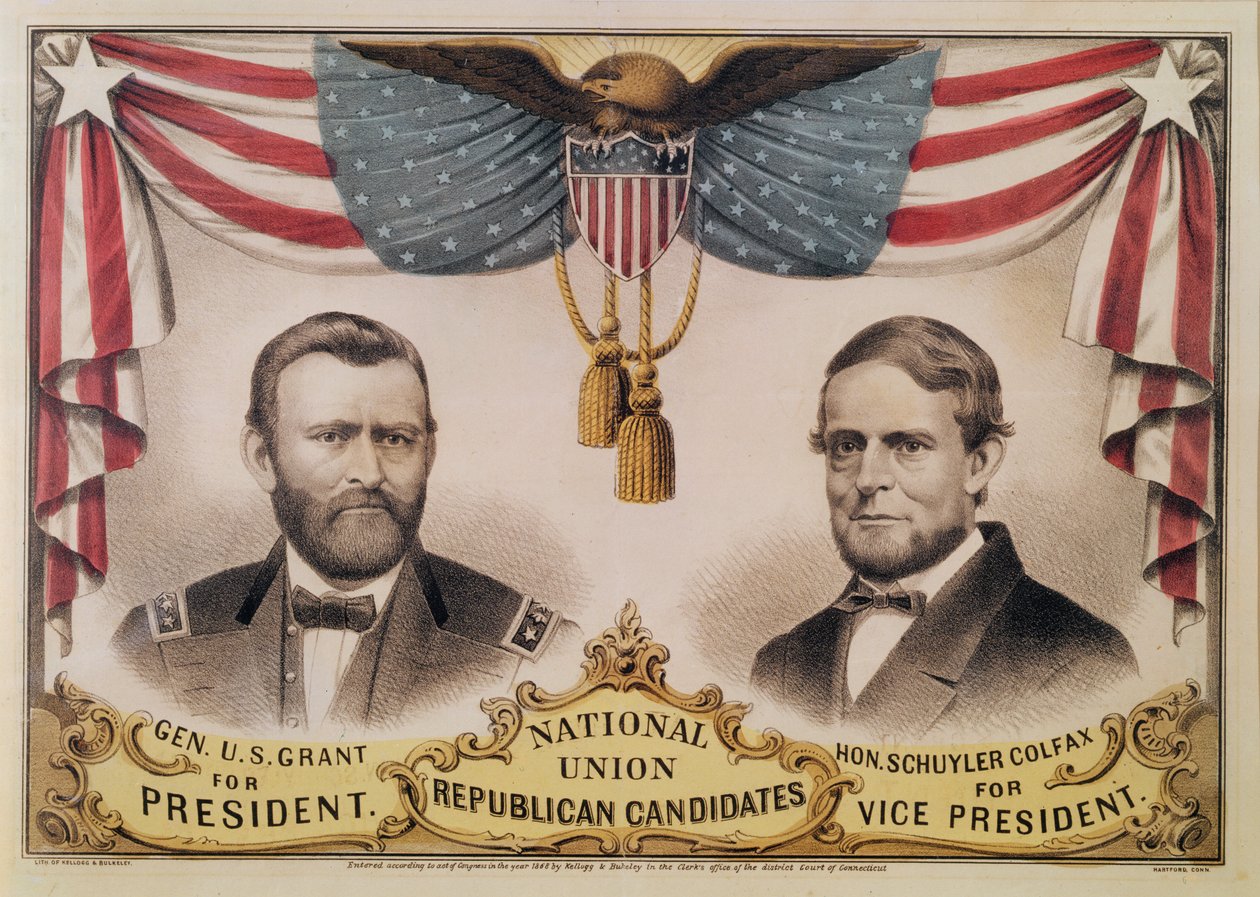 Valgplakat for USAs presidentvalg i 1868 som viser Ulysses S. Grant og Schuyler Colfax, 1868 av American School