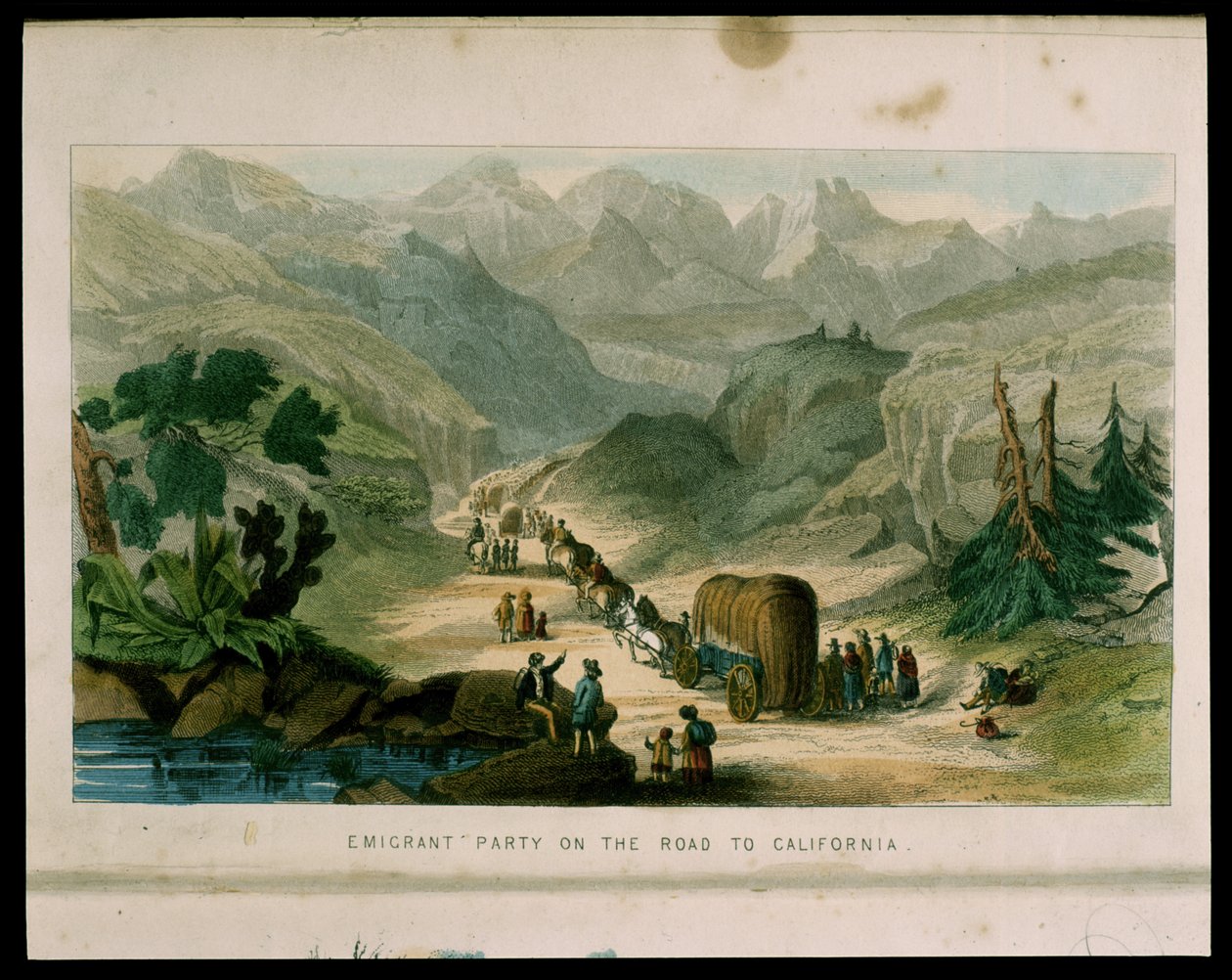 Emigrant Party on the Road to California i 1596, illustrasjon fra California, dets tidligere historie, dets nåværende posisjon, dets fremtidsutsikter av G.A. Fleming, 1850 av American School