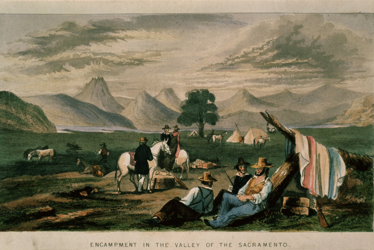 Leir i Sacramento-dalen i 1598, illustrasjon fra California, dens tidligere historie, dens nåværende posisjon, dens fremtidsutsikter av G.A. Fleming, 1850 av American School