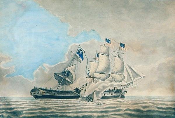 Engasjement mellom U.S. Fregate Constund og H.M.S. Guerriere (akvarell, gouache og blekk på papir) av American School
