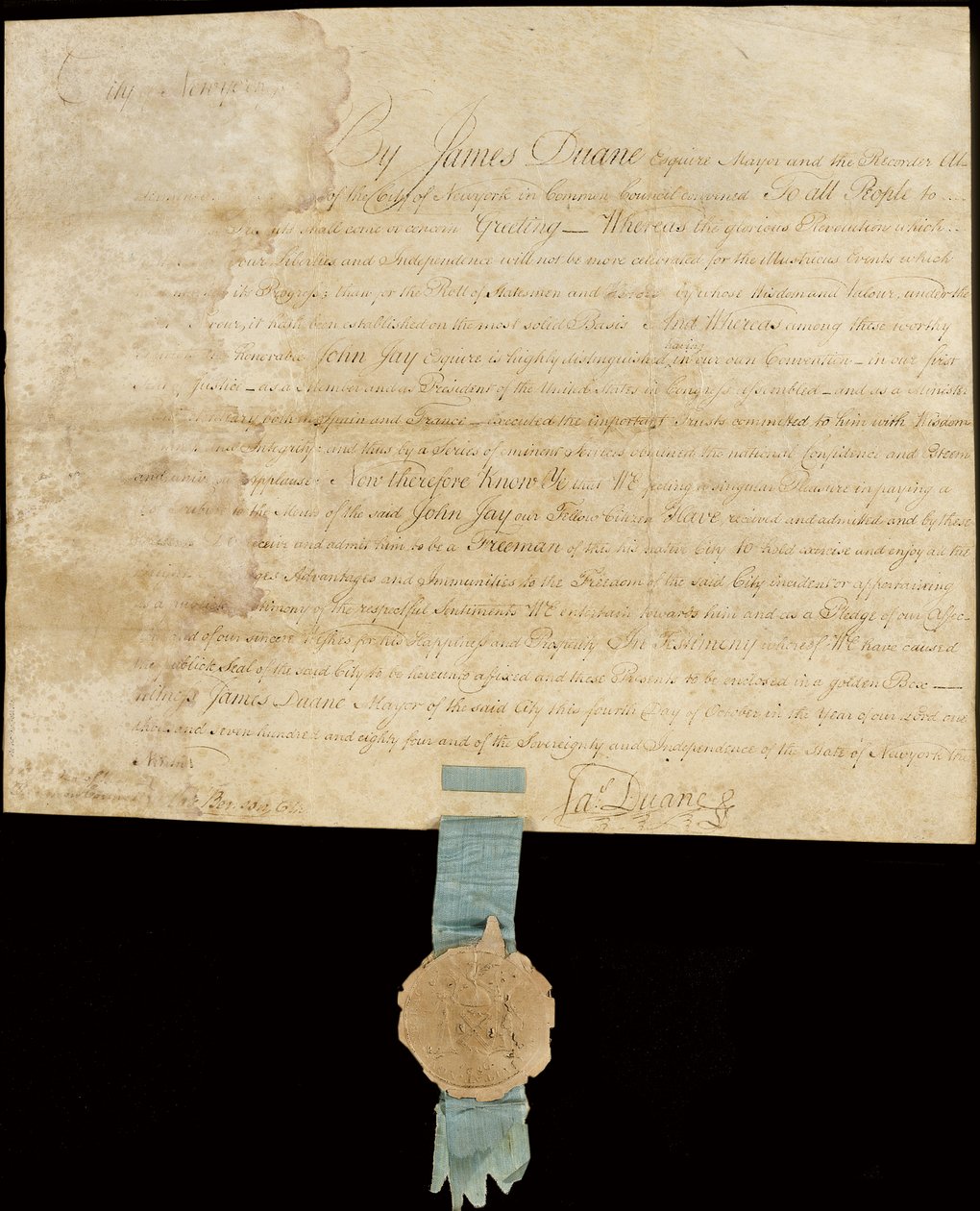 Oppslukt proklamasjon som gir Freedom of the City til John Jay av American School