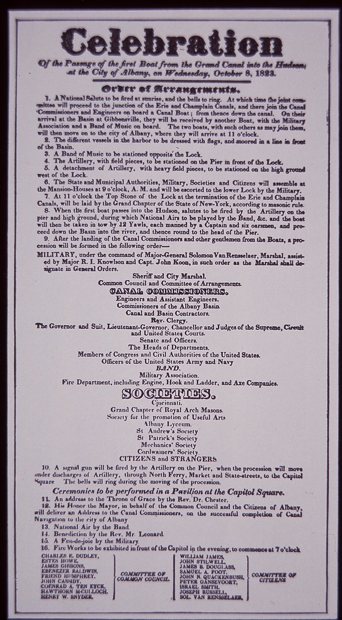 Erie Canal: nøkkeldelen av New York State Canal System; Broadside av 8. oktober 1823 feiret åpningen (fullført i 1825) (litho) av American School