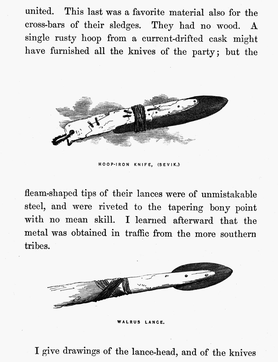 Eskimo kniv og spyd - Elisha Kent Kane, Arctic Explorations in the years 1853-1855, vol. 1, s. 206, Philadelphia av American School