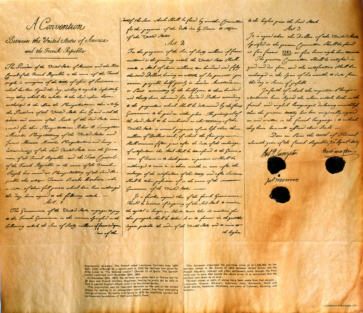 Faksimile av konvensjonen for kjøp av Louisiana av USA, 30. april 1803 av American School