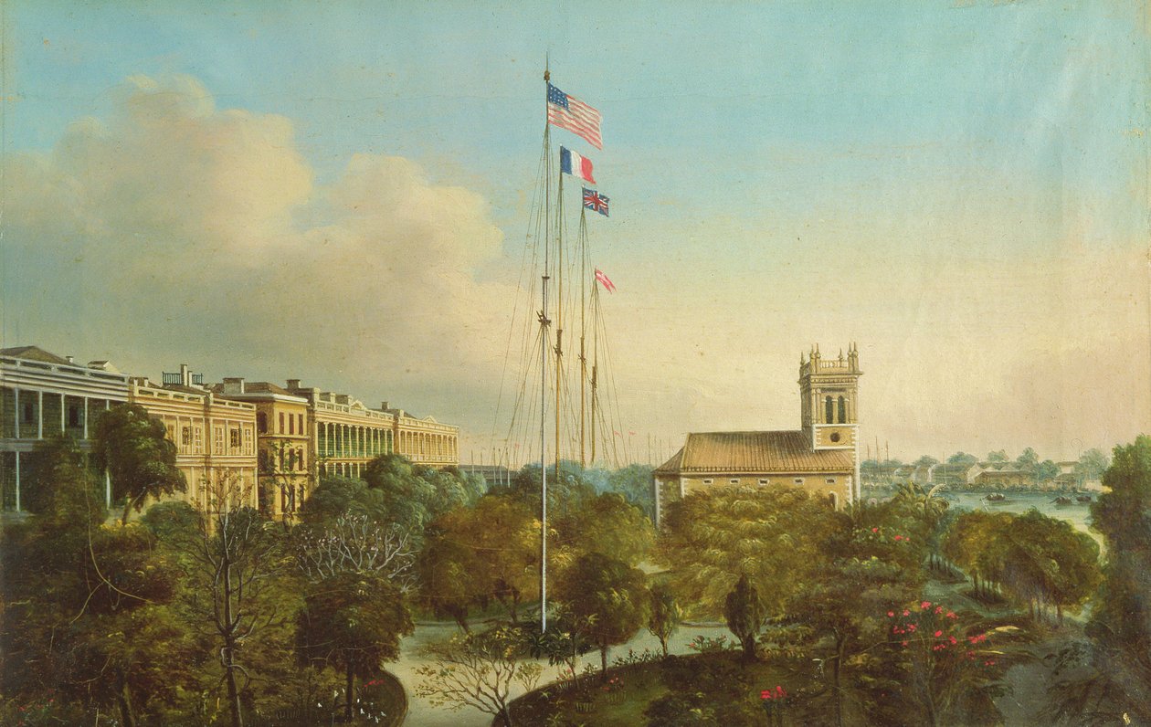 Fabrikker i Canton, Kina, ca. 1850 av American School