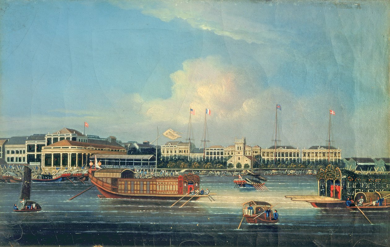 Fabrikker i Canton, fra havnen, Kina, 1850 av American School