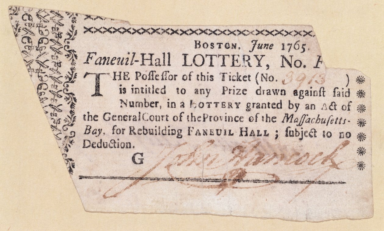 Faneuil-Hall Lottery Ticket, signert av John Hancock (1737-93) 1765 (blekk på papir) av American School