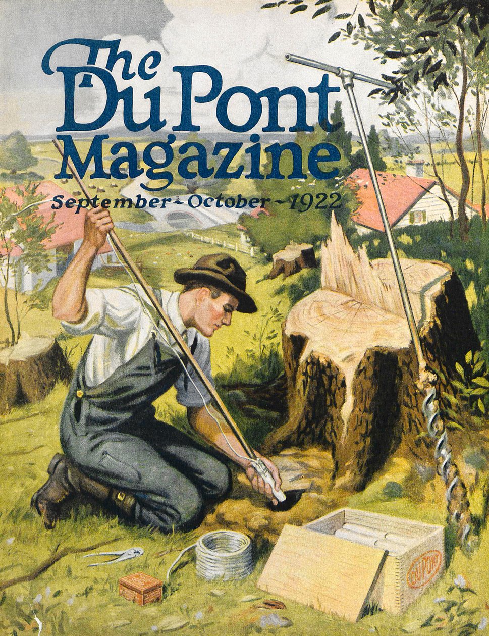 Bonde som planter DuPont-dynamitt, forsiden av DuPont Magazine, september-oktober 1922 av American School