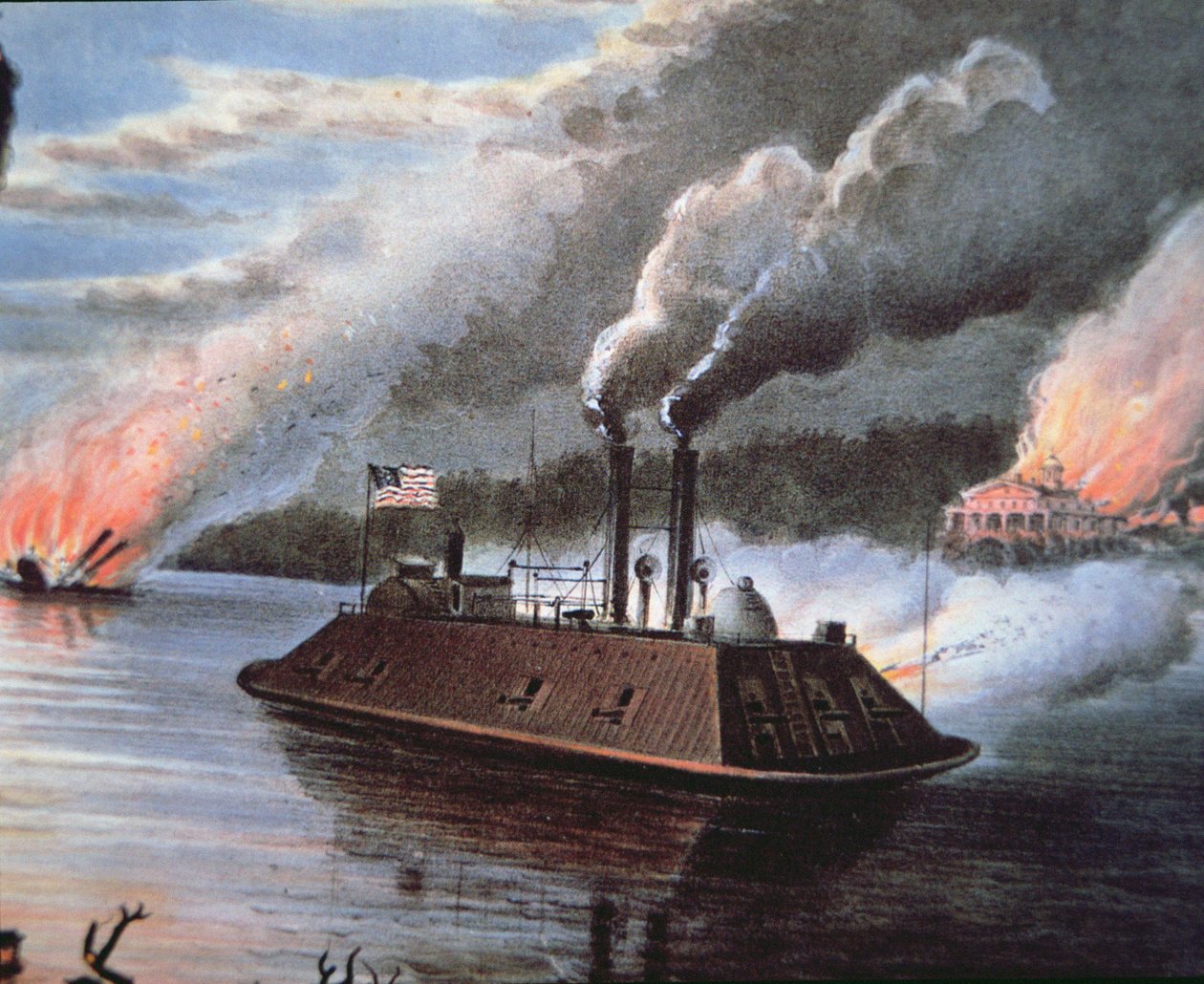 Federal Ironclad Ship på Mississippi som bombarderer fiendens territorium (farge litho) av American School