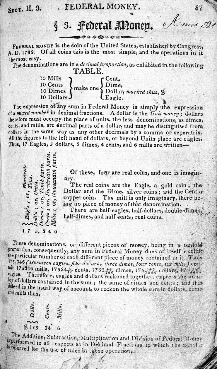 Federal Money, side fra The Scholars Arithmetic 6th Edition, av Daniel Adams, utgitt av N.H.Keene, 1810 (trykk) av American School