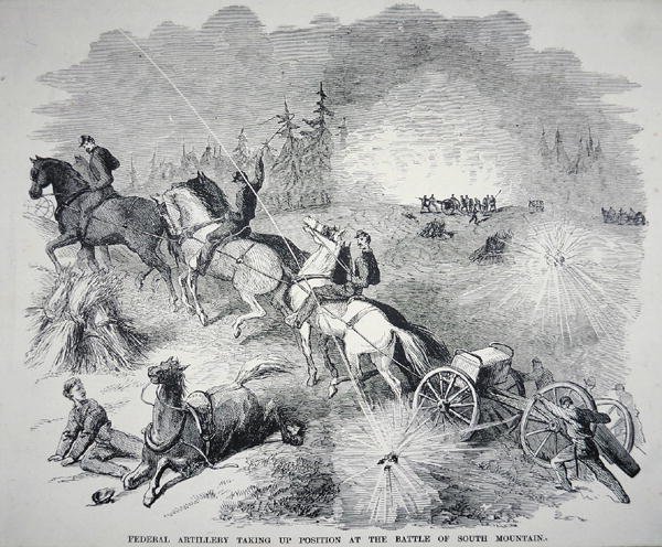 Føderalt artilleri inntar posisjon ved slaget ved South Mountain, september 1862 (gravering) av American School