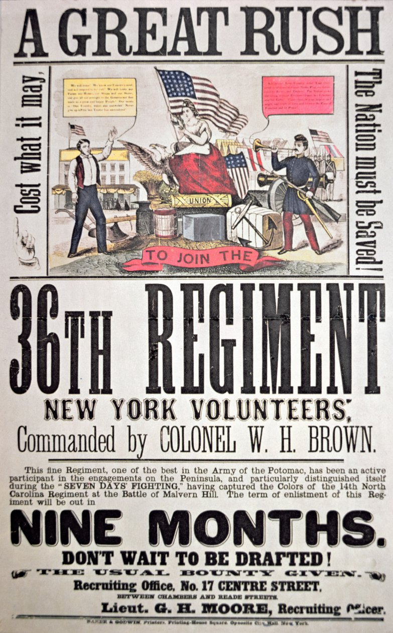 Føderal rekrutteringsplakat for det 36. regiment, New York frivillige (farge litho) av American School