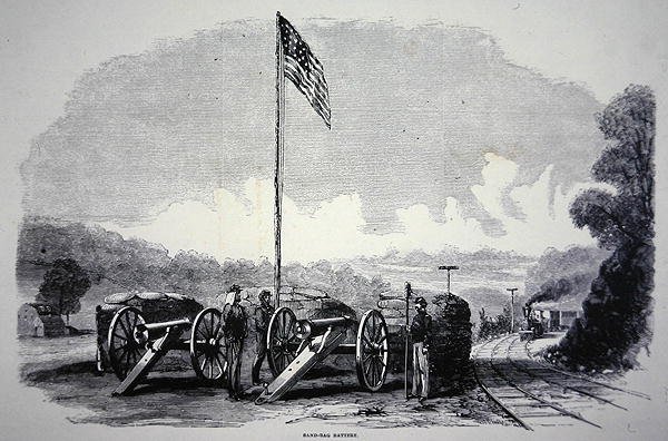 Føderalt sandposebatteri for å beskytte jernbanen under den amerikanske borgerkrigen (1861-65) (litho) av American School