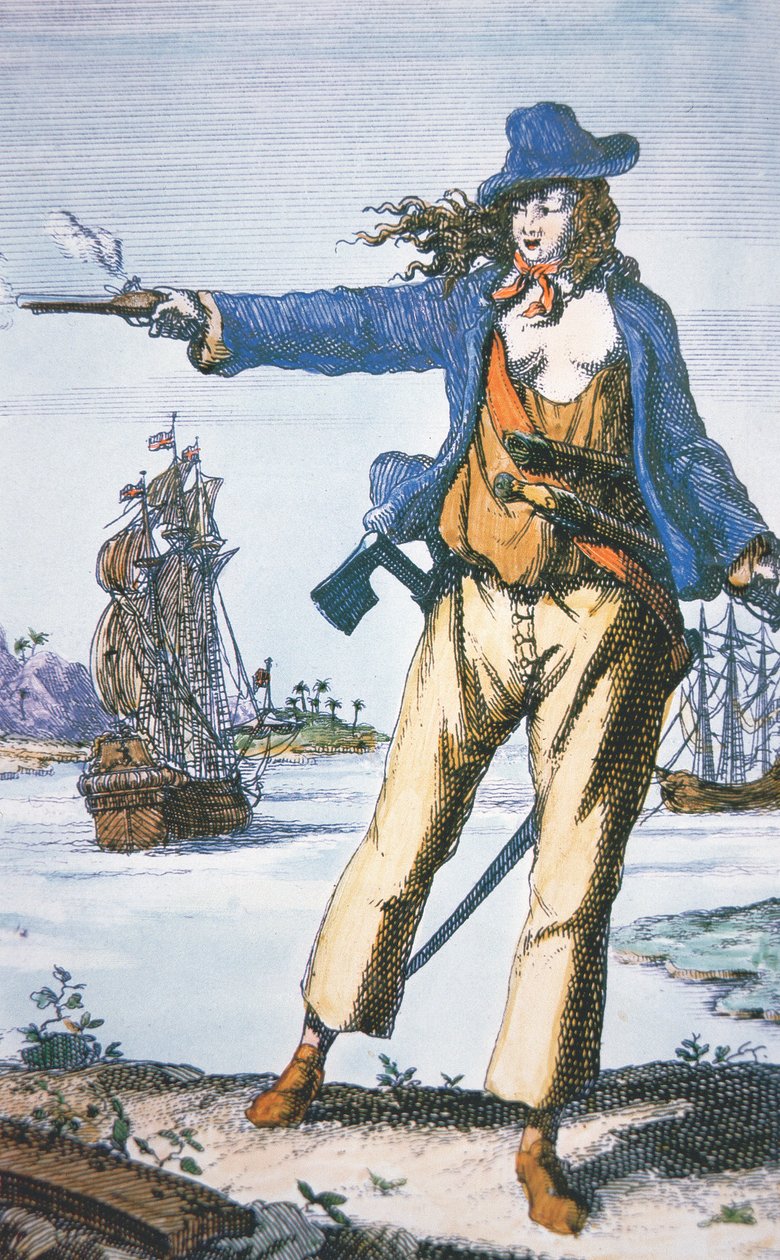 Kvinnelig pirat, Anne Bonny (f.1697) (farget gravering) av American School