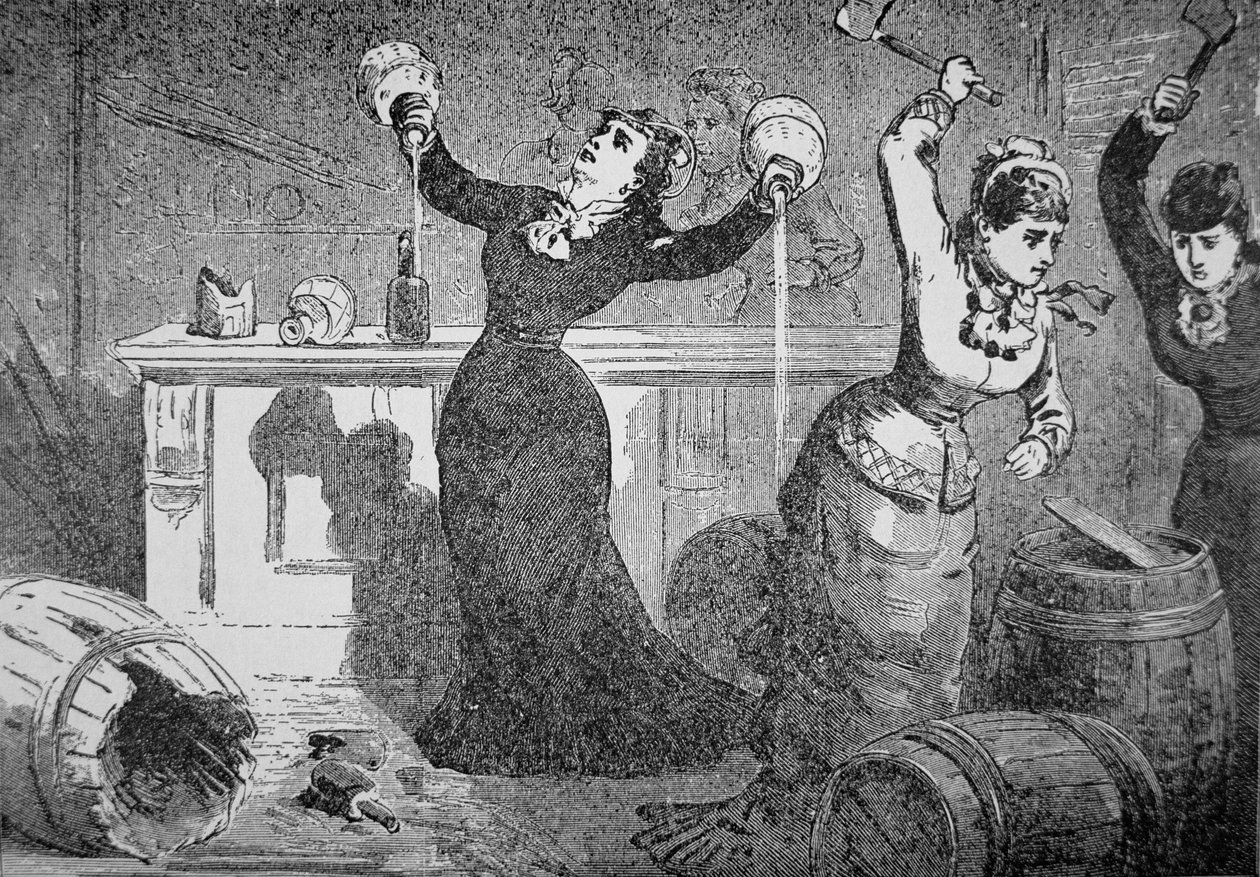 Kvinnelige medlemmer av Anti-Saloon League knuser en salong, Fredericktown, Ohio, fra 