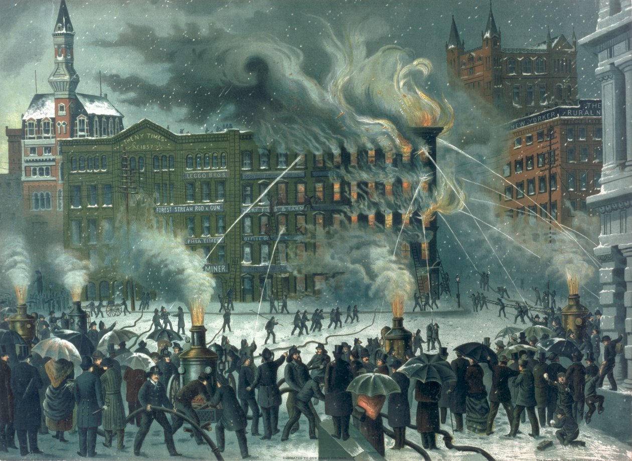Brann i New York World Building, dedikert til Our Brave Firemen, pub. av W.M. Bruns, 1882 av American School