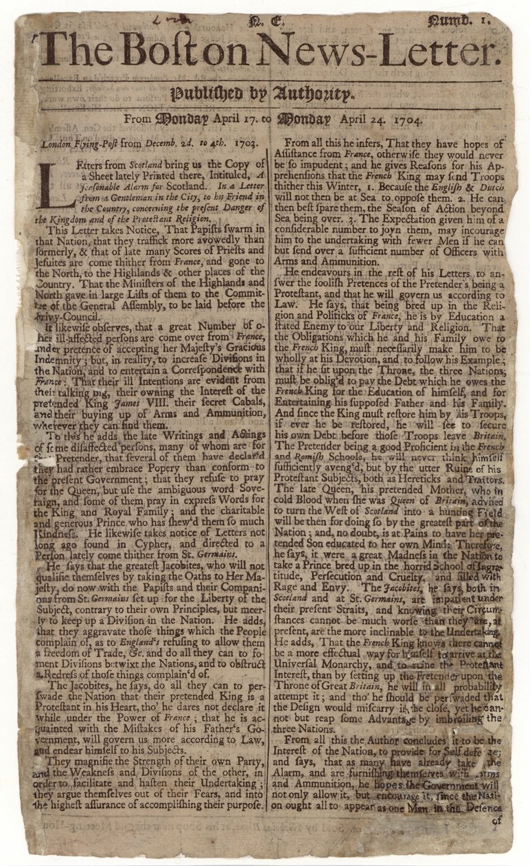 Første utgave av Boston News-Letter, 1704 (avispapir) av American School