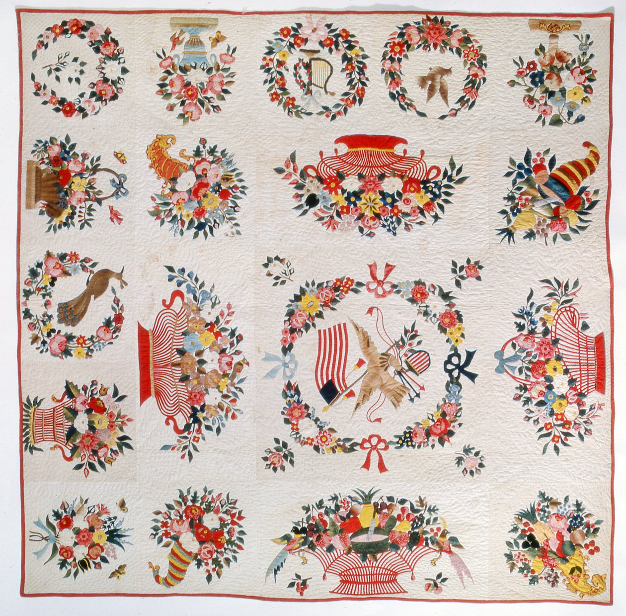 Flagg- og blomsterteppe, ca. 1860 (bomull) av American School