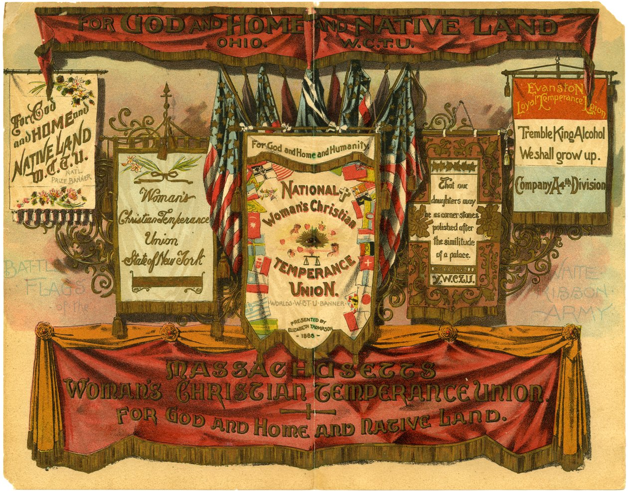 For Gud og hjem og innfødte land... Womans Christian Temperance Union, Battle Flags of the White Ribbon Army, 1885 av American School