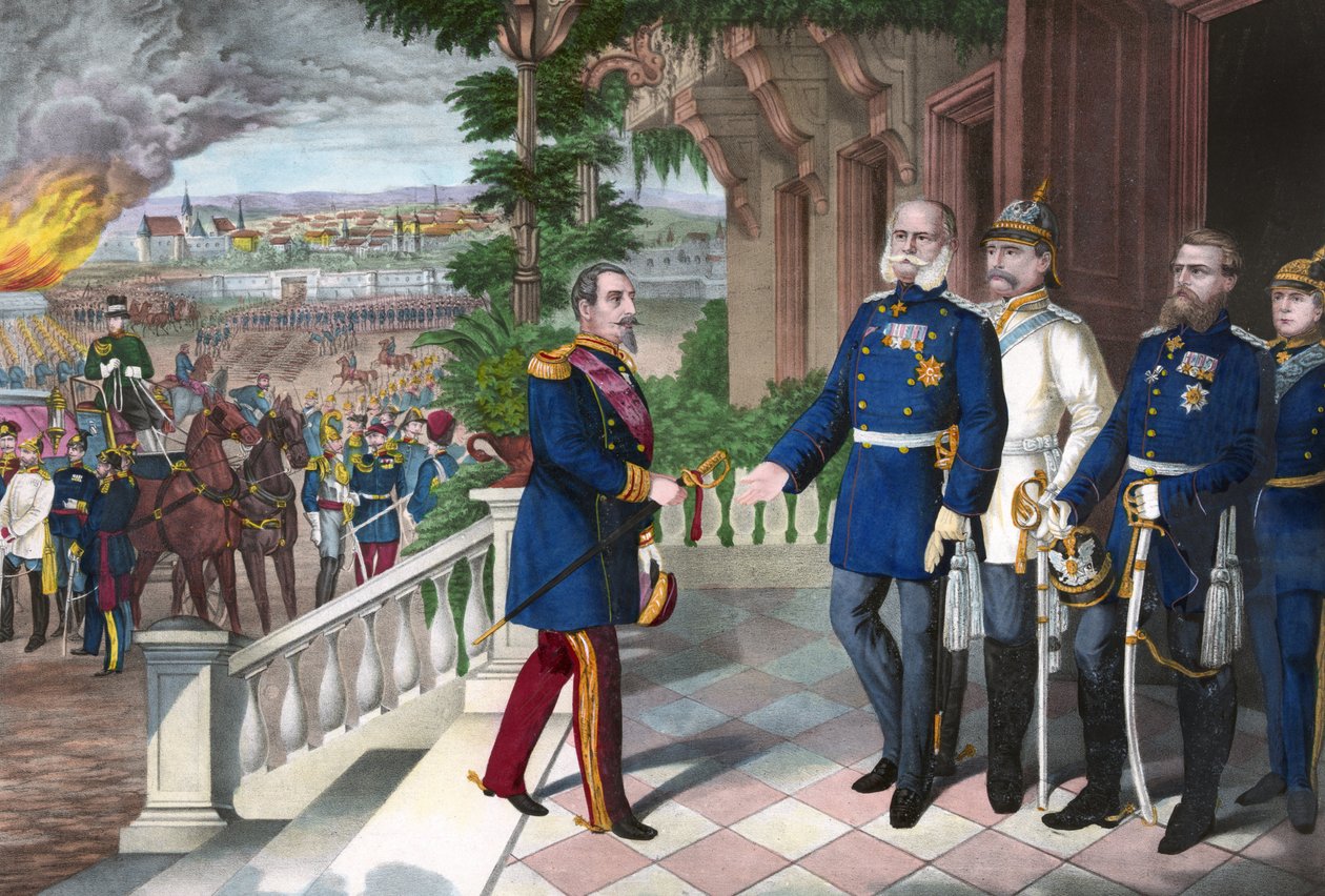 Franco-Prussian War 1870-1871: The surrender of Napoleon III after the battle of Sedan, 2 September 1870. Color line engraving, American, c1871 - War of 1870: Napoleon III (1808-1873) prisoner following the battle of Sedan meets William I of Prussia (1797- av American School