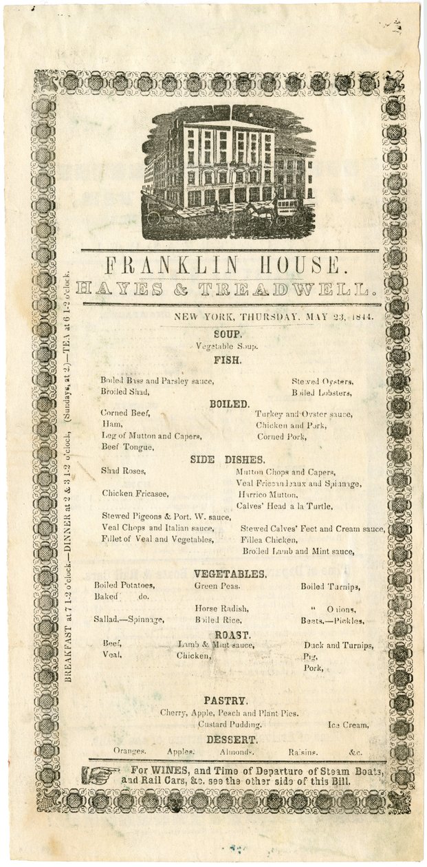 Franklin House Menu for 23. mai 1844, 1844 (gravert meny) av American School