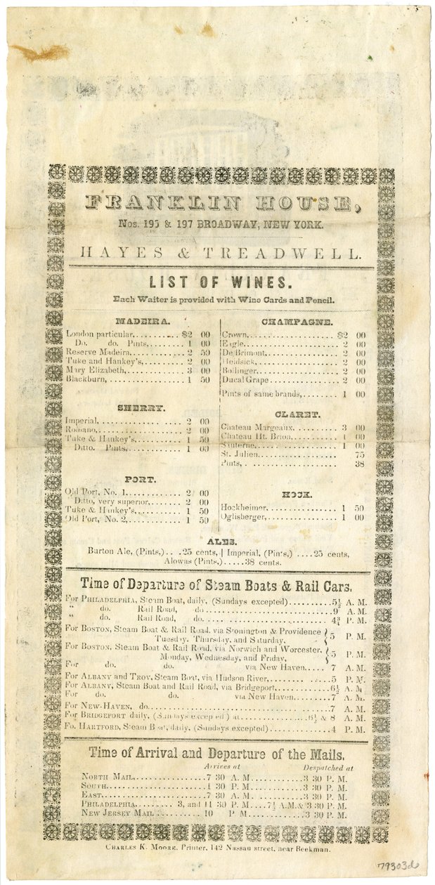 Franklin House vinliste for 23. mai 1844, 1844 (gravert meny) av American School