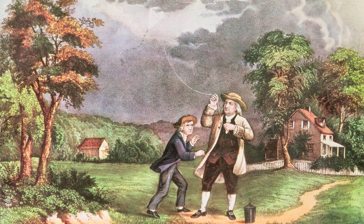 Franklins eksperiment i elektrisitet ca. 1746, pub. av Currier og Ives (trykk) av American School