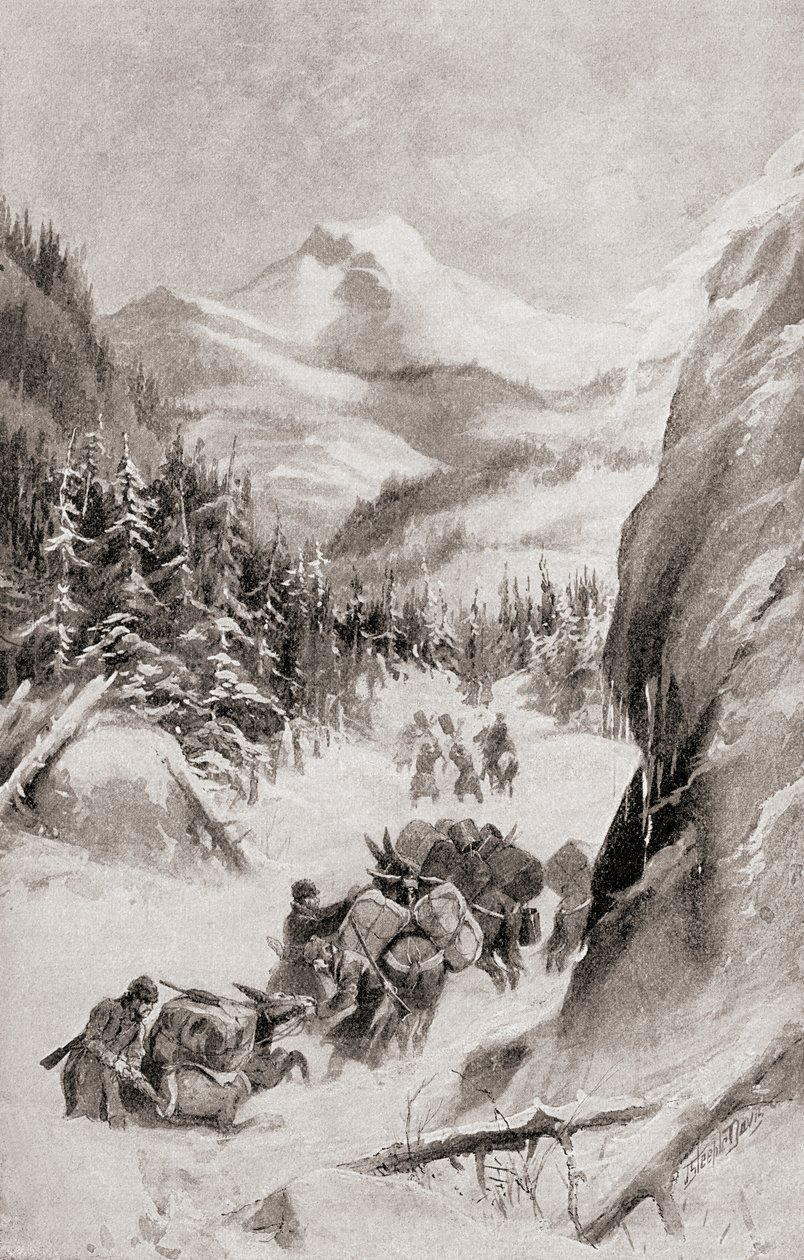 Fremont i Rocky Mountains, Nord-Amerika under sin fjerde ekspedisjon i 1848, fra 'The History of Our Country', utgitt 1905 (litho) av American School