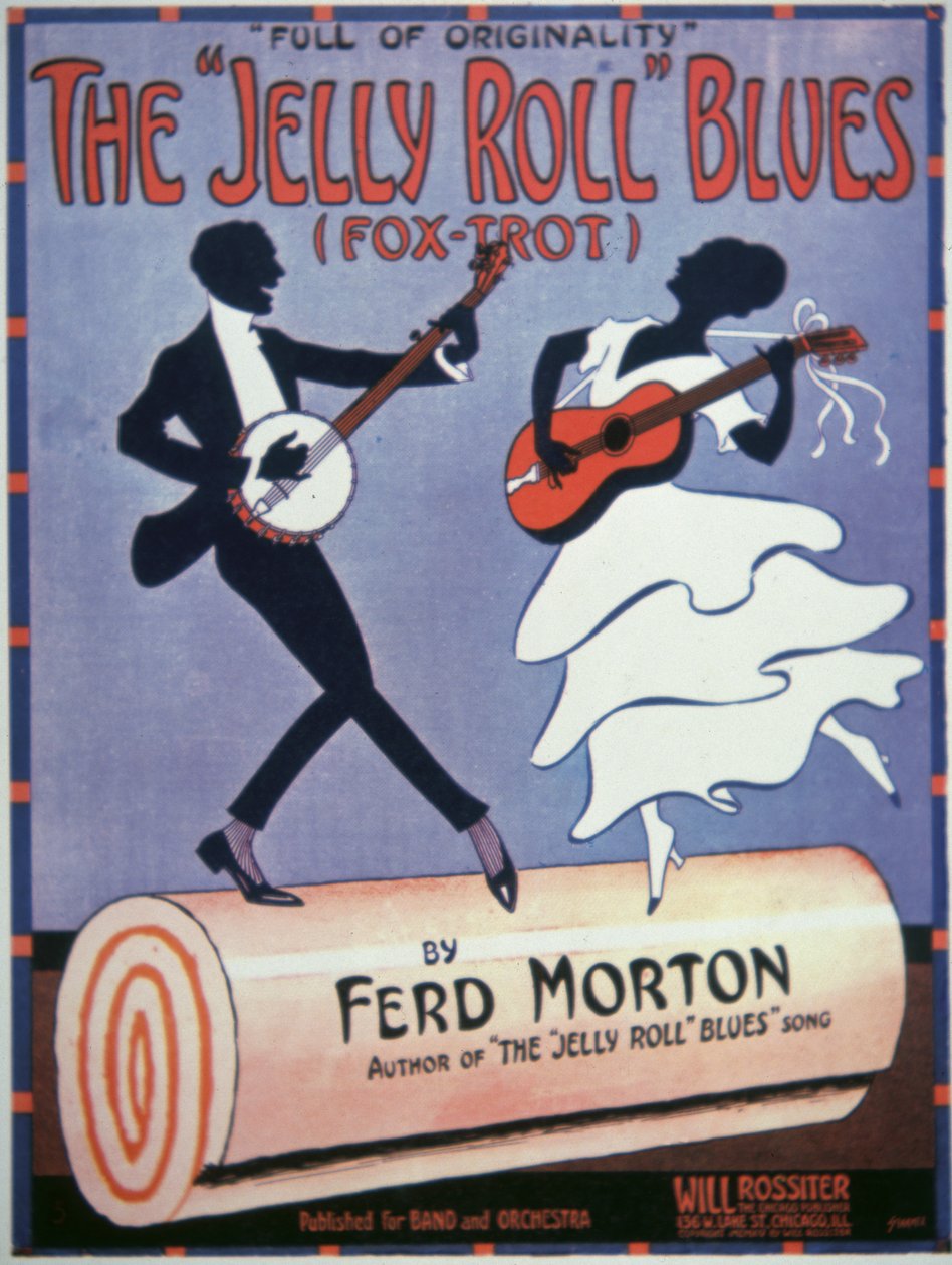 Forside for 'The Jelly Roll Blues', av Jelly Roll Morton (1890-1941) 1915 (farge litho) av American School