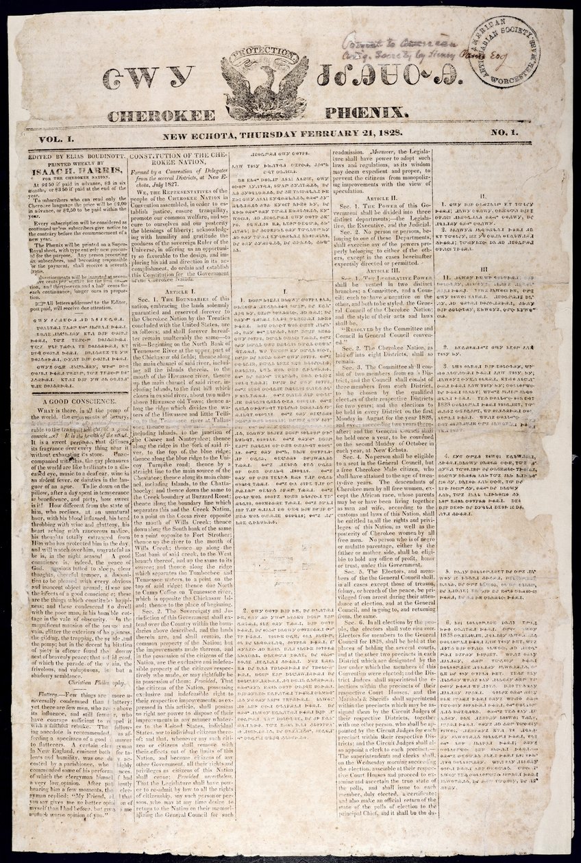 Forside fra Cherokee Phoenix, 21. februar 1828 (trykk) av American School
