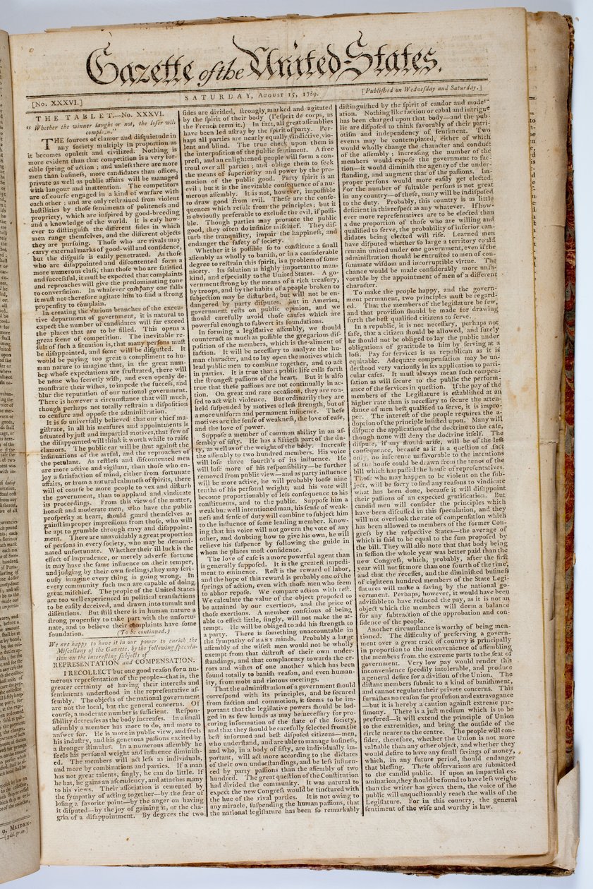 Forsiden av Gazette of the United States, 15. april 1789 av American School