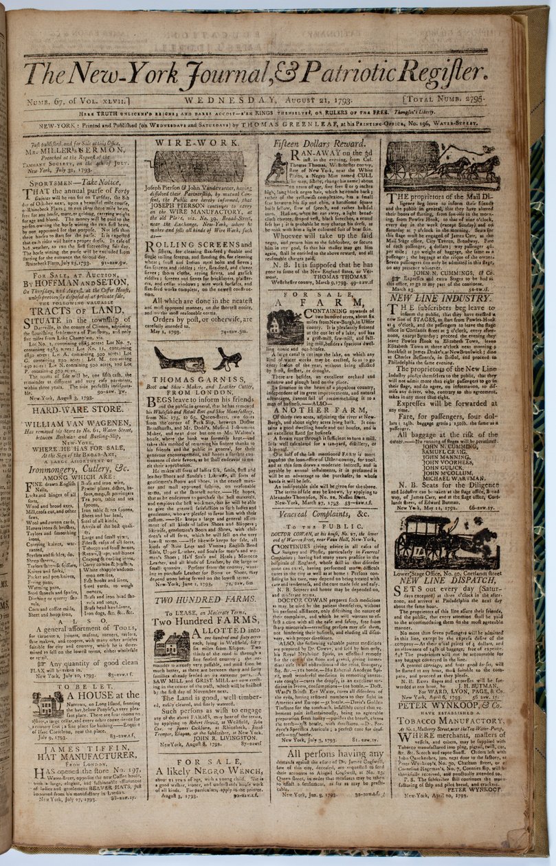 Forsiden av New York Journal and Patriot Register, 21. august 1793 av American School