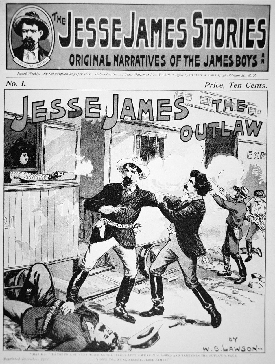 Forsiden av 'The Jesse James Stories' trykt 1898 (litho) av American School