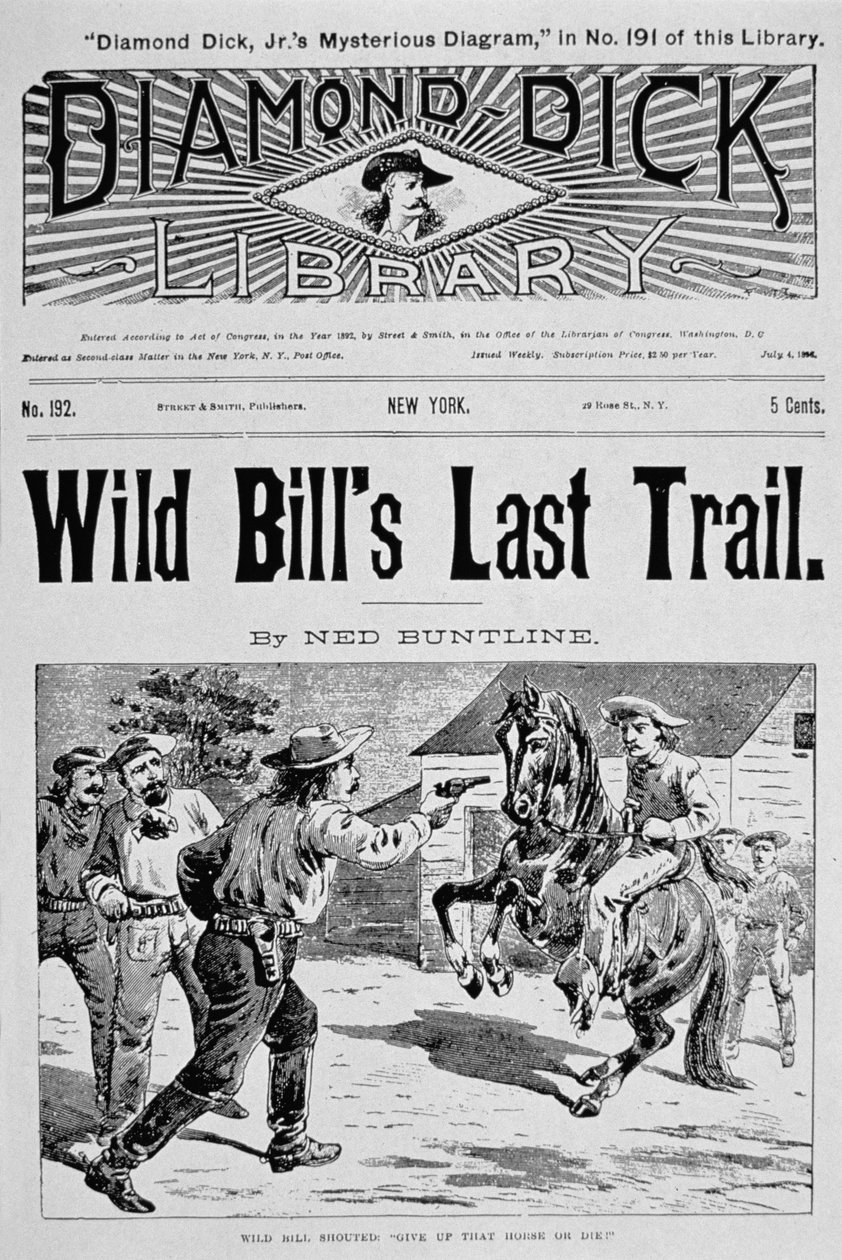 Forside av 'Wild Bill's Last Trail', en Ned Buntline 'Dime'-roman med Wild Bill Hickok (1837-76) 1896 (litho) av American School