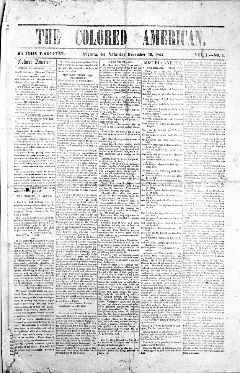 Forsiden av The Colored American, 30. desember, 1865 (trykk) av American School