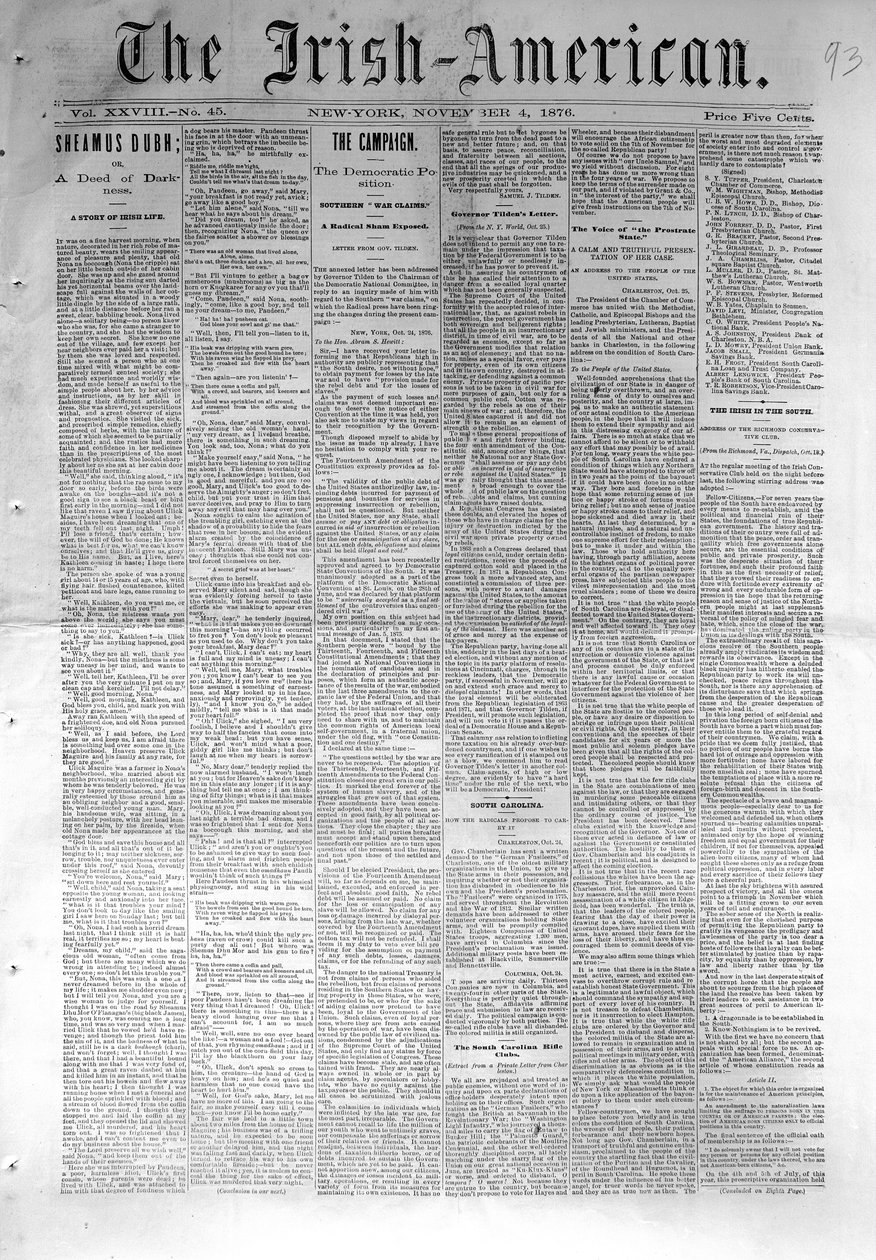 Forsiden av The Irish-American, publisert i New York, 4. november, 1876 (avispapir) av American School