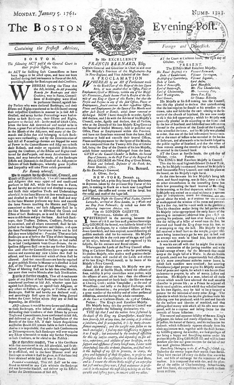 Forsiden av Boston Evening Post som kunngjør døden til kong George II (1683-1760), 5. januar 1761 (trykk) av American School