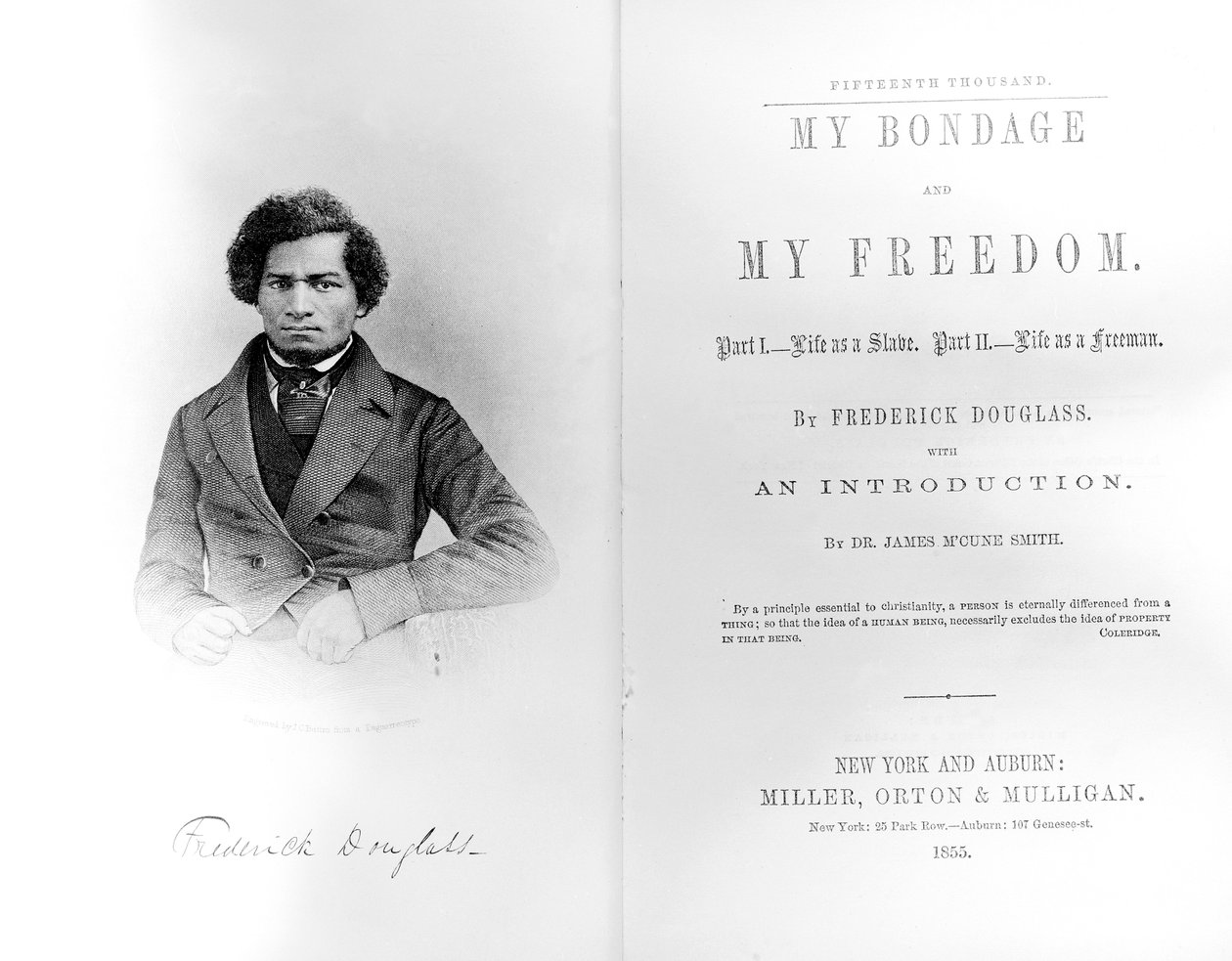 Frontispice og tittelside til My Bondage and My Freedom, av Frederick Douglass (1818-95) utgitt 1855 (trykk) av American School
