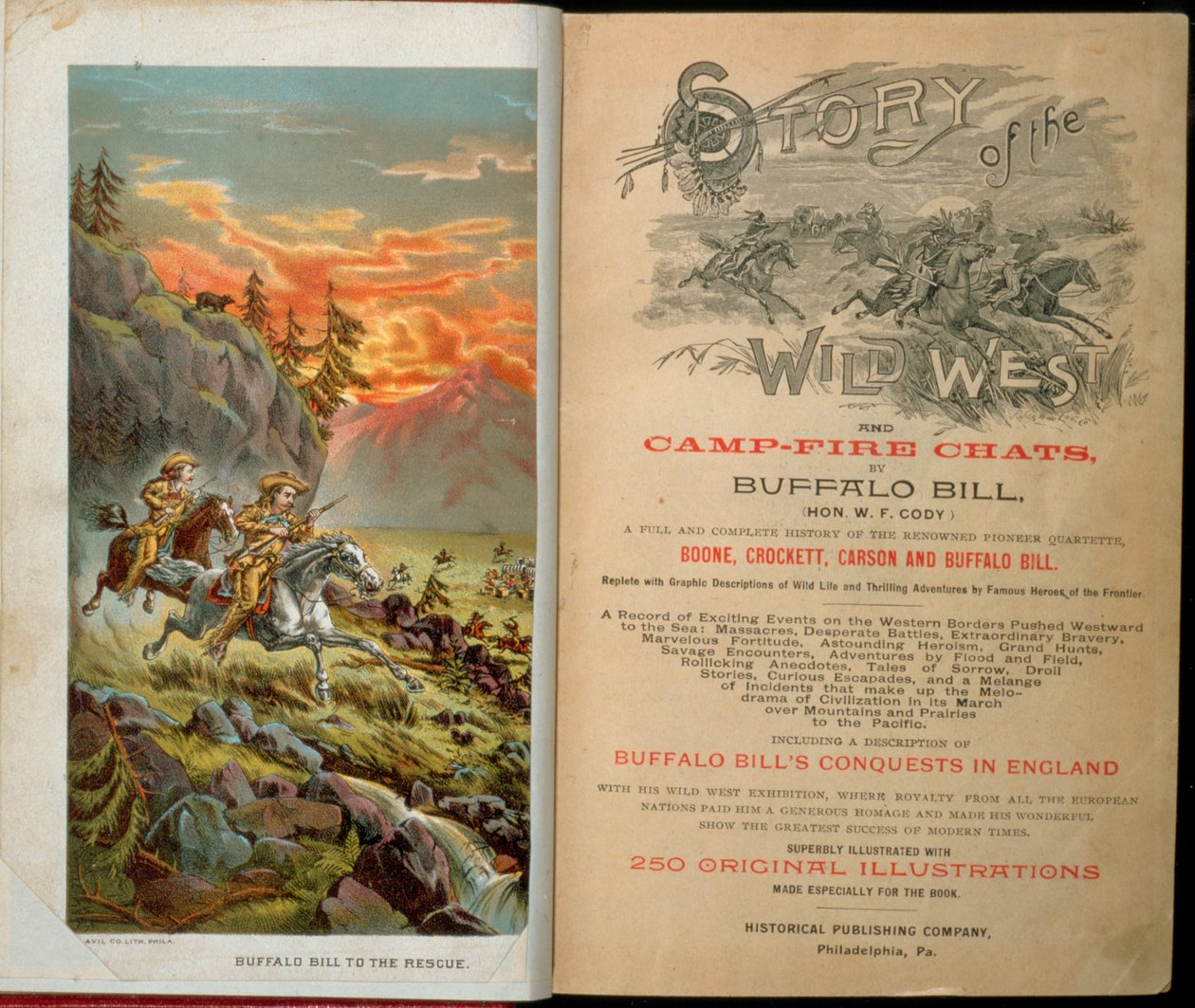 Frontispice og tittelside til Story of the Wild West and Camp Fire Chats av Buffalo Bill (1846-1917) av American School