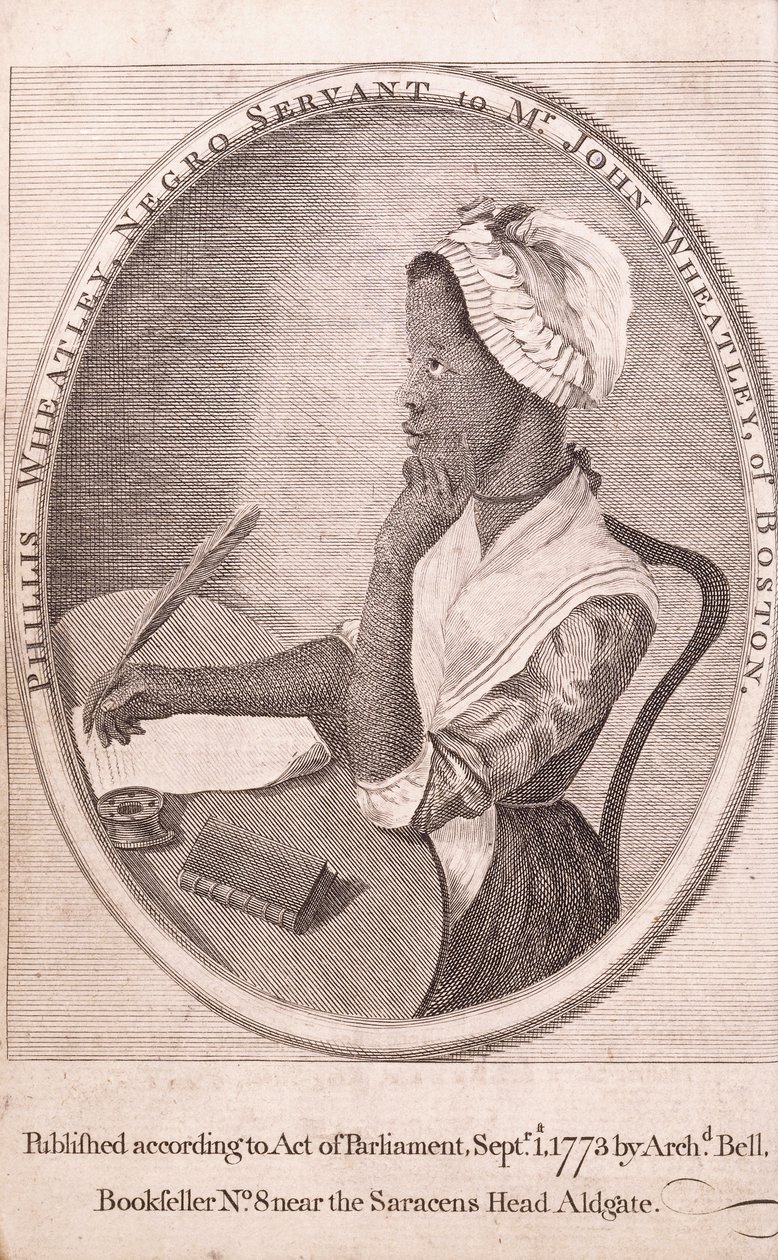 Frontispice-portrett av forfatteren, Phillis Wheatley, fra boken "Dikt om forskjellige emner, religiøse og moralske" av American School