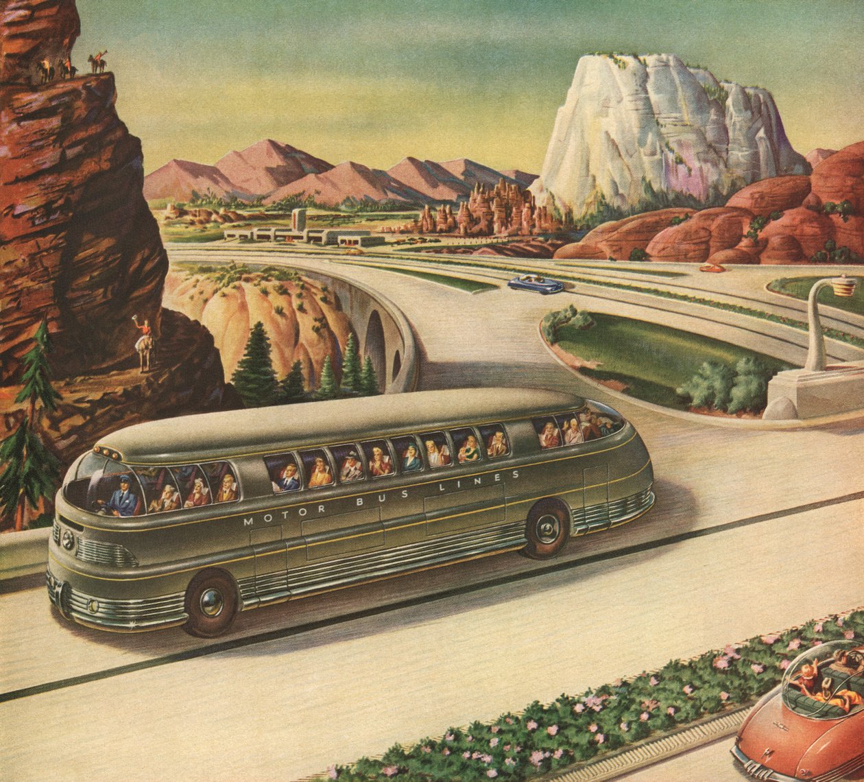 Futuristisk passasjerbuss som reiser på en motorvei i det amerikanske sørvestlandet av American School