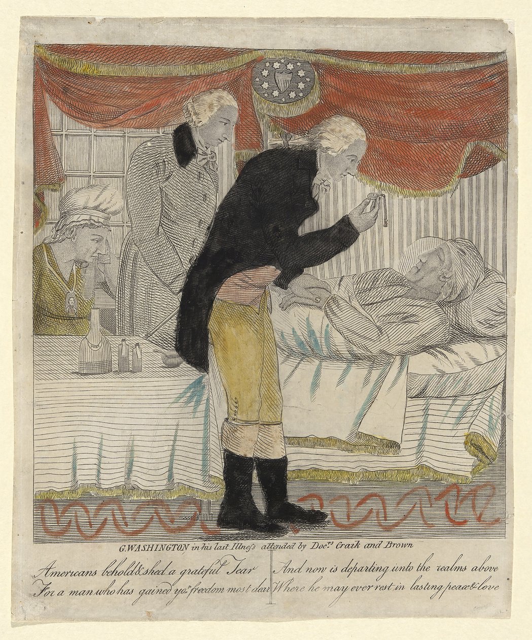 G. Washington i sin siste sykdom, deltatt av Drs. Craik og Brown, pub. ca. 1800 (håndfarget gravering) av American School
