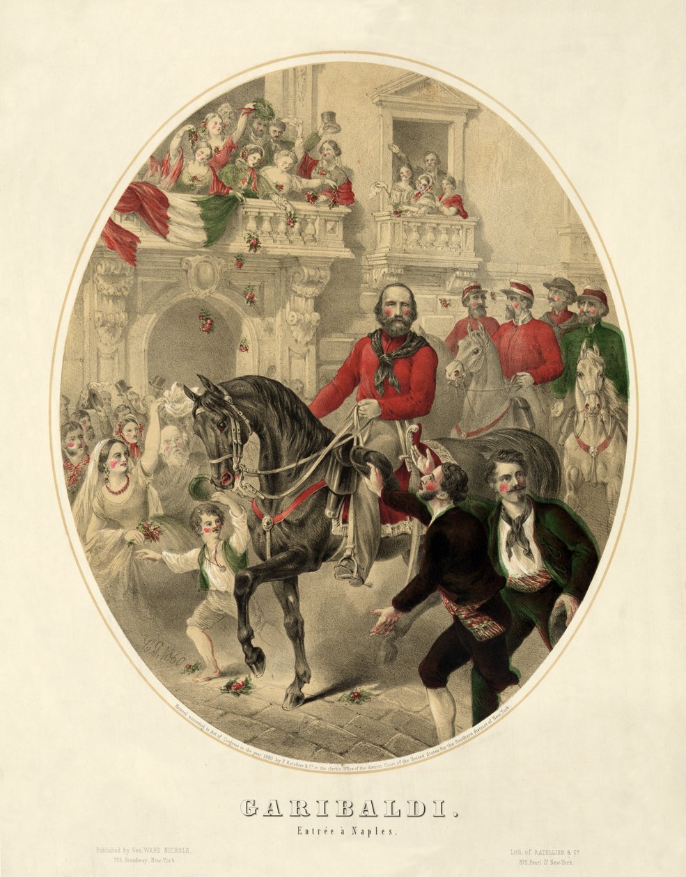 Garibaldi, entré til Napoli, pub. 1860 (håndfarget gravering) av American School