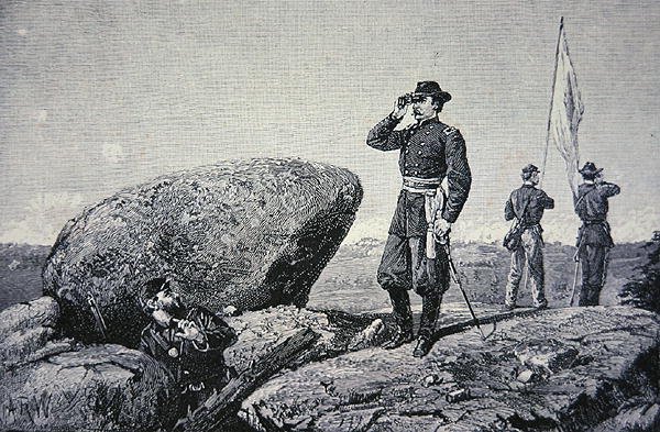 General G.K. Warren ved signalstasjonen på Little Round Top, Battle of Gettysburg av American School