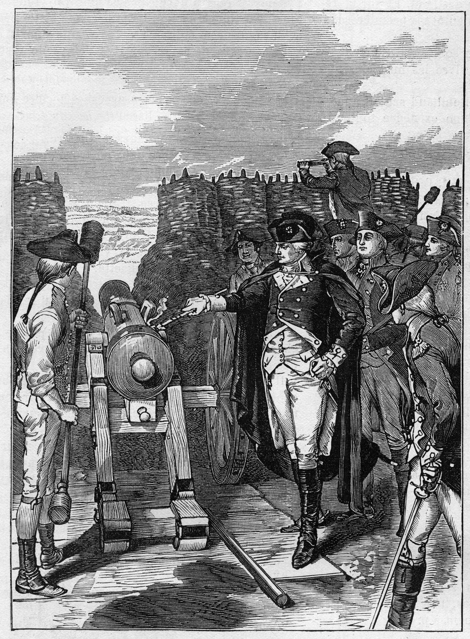 General George Washington og den første avfyringen av kanonen ved beleiringen av Yorktown i 1781 av American School