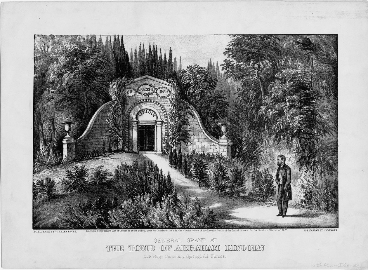 General Grant ved graven til Abraham Lincoln, Oak Ridge Cemetery, Springfield, Illinois, pub. av Currier & Ives, 1868 av American School