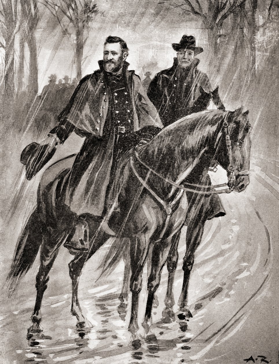General Grant rekognoscerer i regnet i Belmont, Missouri, før slaget i 1861, fra 'The History of Our Country', utgitt 1905 (litho) av American School