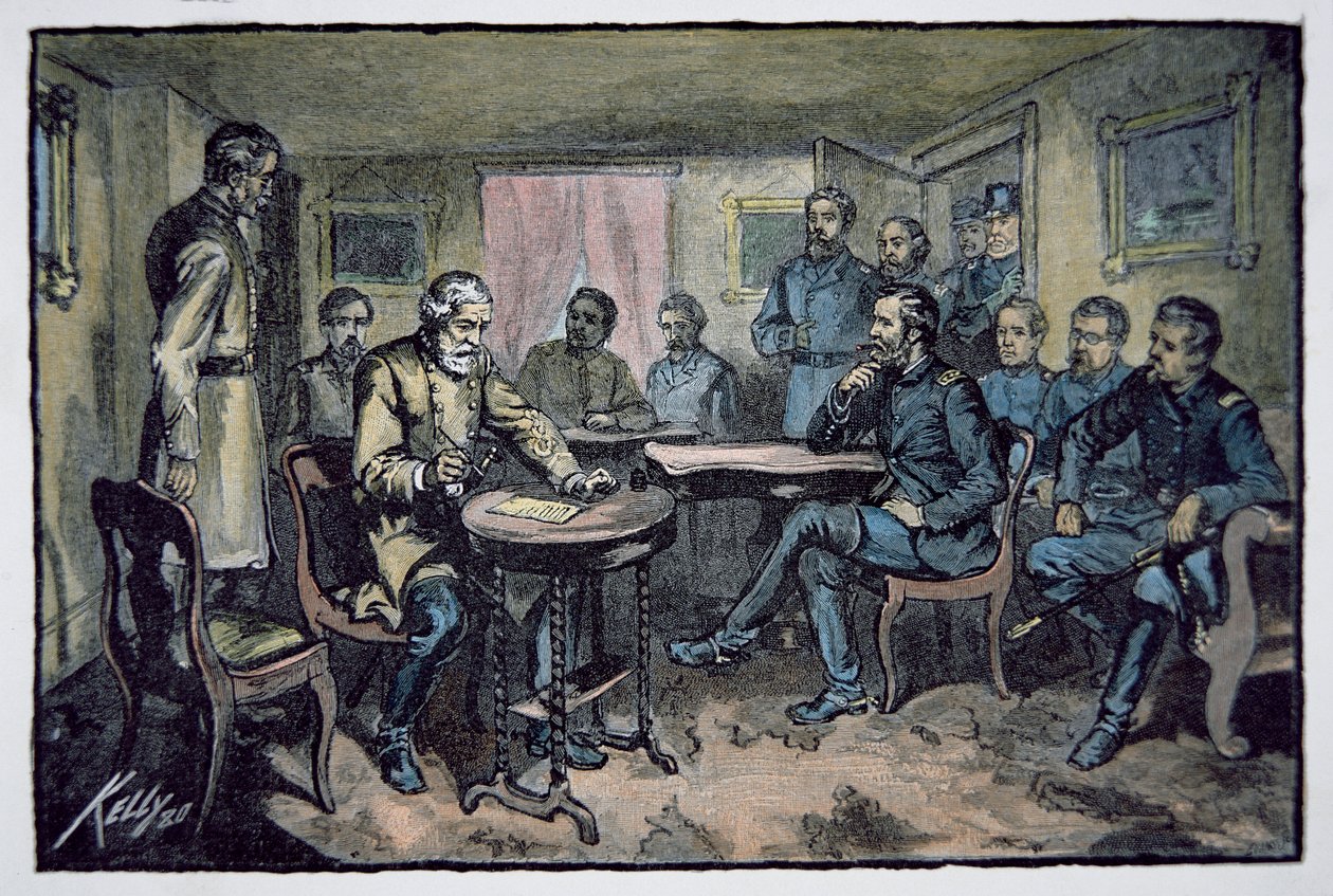General Robert E. Lee (1807-70) overgir seg til general Ulysses S. Grant (1822-85) ved Appomattox tinghus, 9. april 1865 (farge litho) av American School