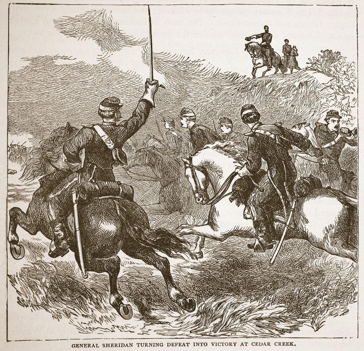 General Sheridan snur nederlag til seier på Cedar Creek, fra en bokpub. 1896 av American School